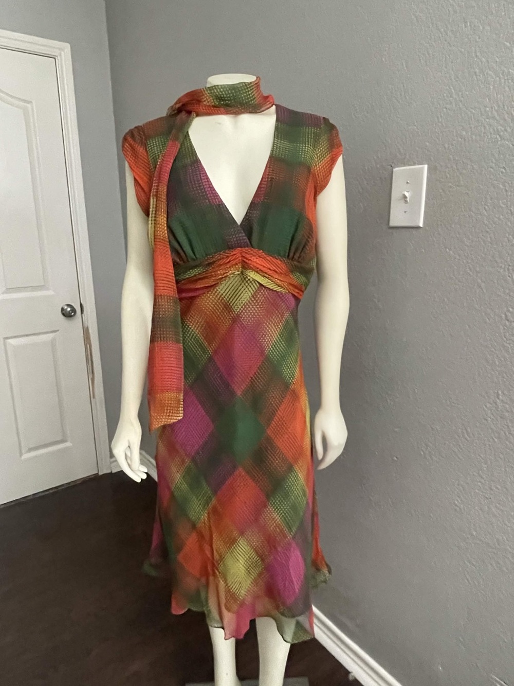 BCBGMaxAzria Multicolor Plaid Midi Dress (Green, Orange, Pink)